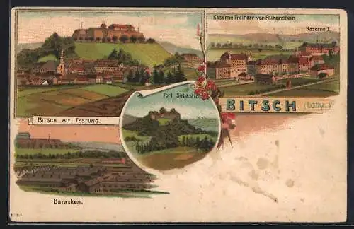 Lithographie Bitsch /Lothr., Ortsansicht mit Festung, Kasernenbaracken, Fort Sebastian