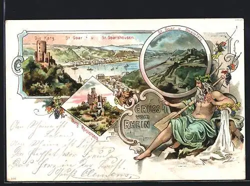 Lithographie St. Goar, Die Katz, Teilausschnitte St. Goar, Rheinfels und St. Goarshausen