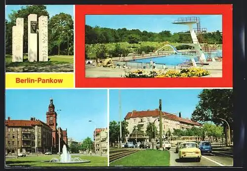 AK Berlin-Pankow, Denkmal Julius Fucik im Bürgerpark, Freibad, Johannes-R.-Becher-Strasse, Vinetestrasse