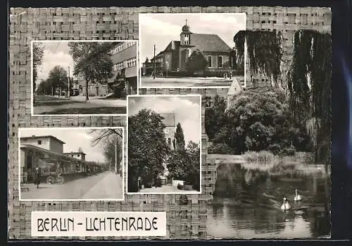 AK Berlin-Lichtenrade, Katholische Kirche, Bahnhofstrasse, Ladenstrasse