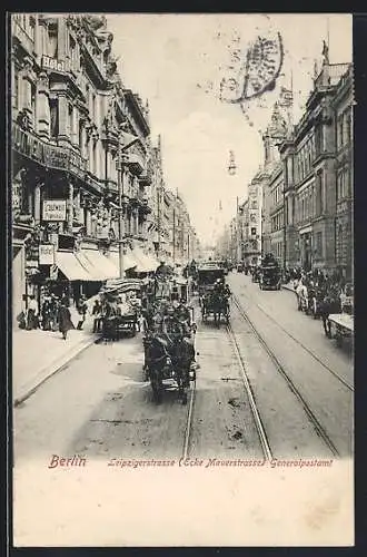 AK Berlin, Generalpostamt Leipzigerstrasse Ecke Mauerstrasse mit Geschäften