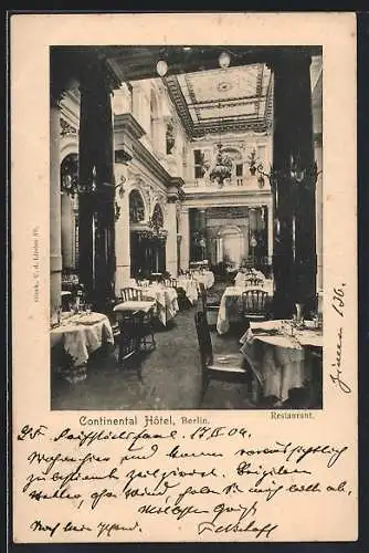 AK Berlin, Continental-Hotel, Neustädtische Kirchstrasse 6 /7, Blick ins Restaurant