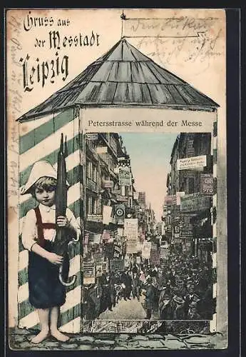 AK Leipzig, Petersstrasse während der Messe, Männer mit Hüten, Bub mit Regenschirm, gerahmte Ansicht