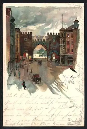 Künstler-AK Heinrich Kley: Karlsruhe, Blick auf das Karlstor