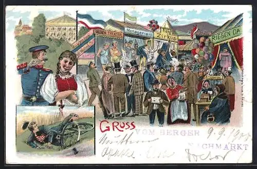 Lithographie Berger Nachmarkt mit Velenda-Theater und Floh-Zirkus, Gestürzter Radfahrer