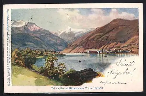 Künstler-AK Anton Hlavacek: Zell am See, Ortsansicht mit Kitzsteinhorn vom See aus gesehen