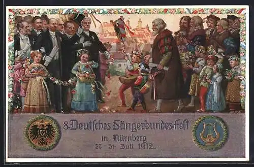 AK Nürnberg, VIII. Deutsches Sängerbundfest 1912, geschmückte Kinder, Harfe, Wappen