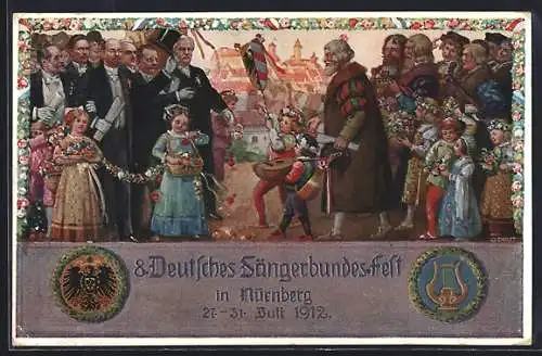 AK Nürnberg, VIII. Deutsches Sängerbundfest 1912, geschmückte Kinder, Harfe, Wappen