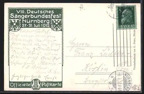 AK Nürnberg, VIII. Deutsches Sängerbundfest 1912, geschmückte Kinder, Harfe, Wappen