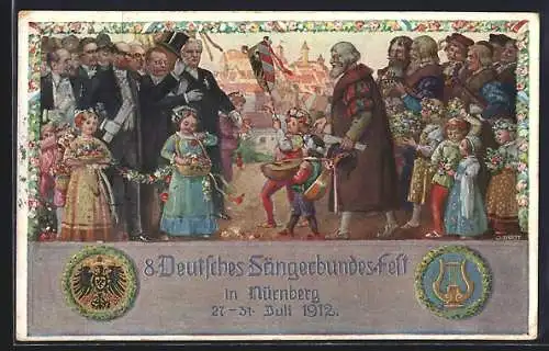 AK Nürnberg, VIII. Deutsches Sängerbundfest 1912, geschmückte Kinder, Harfe, Wappen