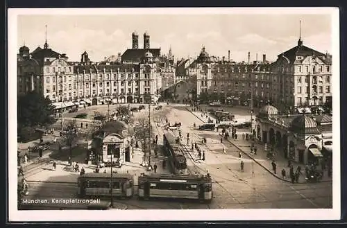 AK München, Karlstor-Rundell, Strassenbahnen und Gerschäfte