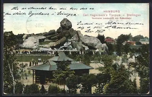 AK Hamburg-Stellingen, Hagenbeck`s Tierpark, Nordische Landschaft mit Rutschbahn