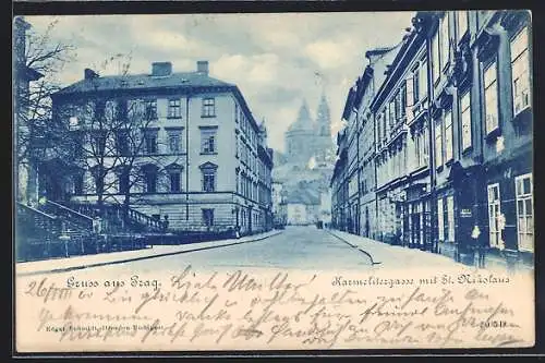 AK Prag / Praha, Karmelitergasse mit St. Nikolaus