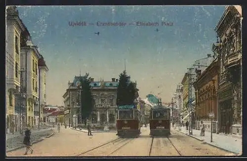 AK Ujvidék, Elisabeth-Platz mit Strassenbahn