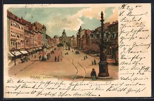 Lithographie Prag / Praha, Wenzelsplatz mit Passanten