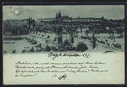 Mondschein-AK Prag / Praha, Panorama mit Karlsbrücke