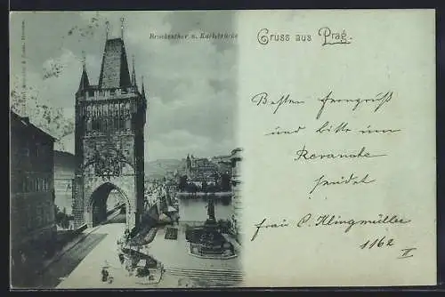 Mondschein-AK Prag / Praha, Brückenthor und Karlsbrücke