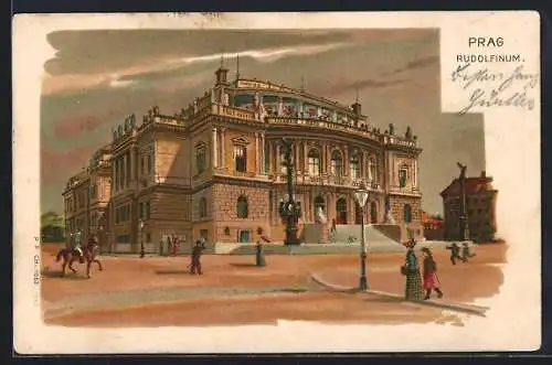 Lithographie Prag / Praha, Rudolfinum mit Passanten