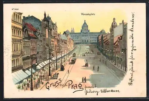 Lithographie Prag / Praha, Abendstimmung am Wenzelsplatz