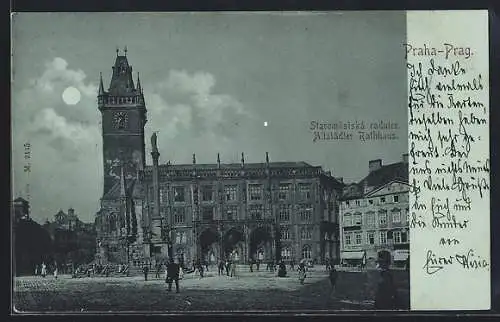 Mondschein-AK Prag / Praha, Altstädter Rathaus mit Passanten