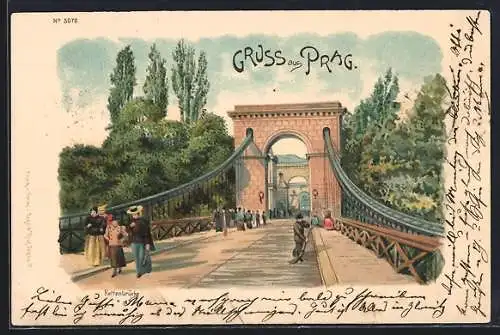 Lithographie Prag / Praha, Kettenbrücke mit Passanten