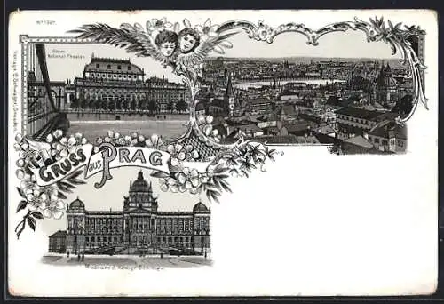 Lithographie Prag, Teilansicht, Böhm National Theater, Museum d. Königr. Böhmen