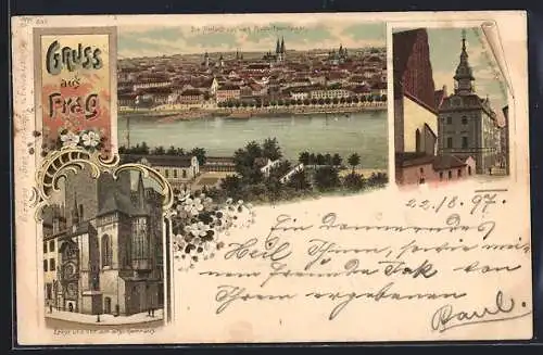 Lithographie Prag / Praha, Erker u. Uhr am altst. Rathaus, altes jüdisches Rathaus, Blick zur Altstadt