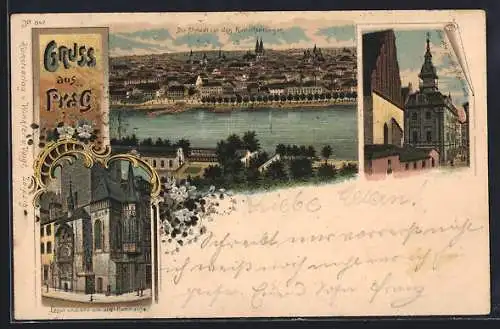 Lithographie Prag / Praha, Erker u. Uhr am altst. Rathaus, altes jüdisches Rathaus, Blick zur Altstadt