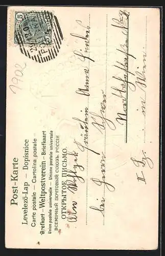 AK Kleiner Neujahrsengel trägt ein Sektglas