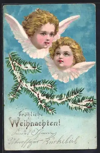 AK Zwei schwebende Weihnachtsengel mit Tannenzweig