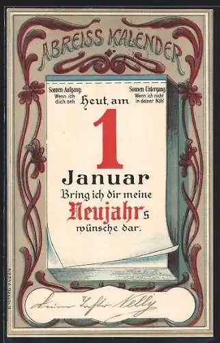 AK Neujahrsgruss mit Kalenderblatt 1. Januar