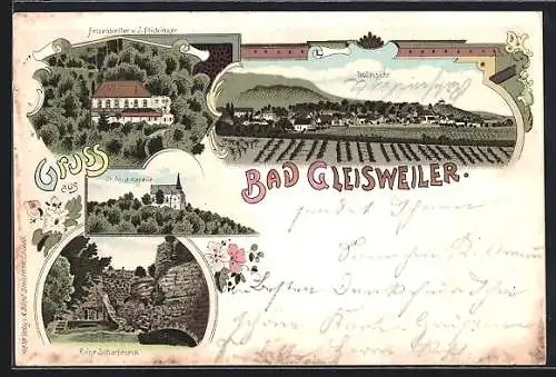 Lithographie Bad Gleisweiler, Ruine Scharfeneck, St. Anna Kapelle, Ferienkeller v.J. Flickinger