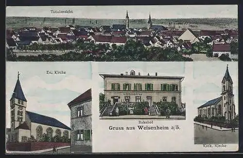 AK Weisenheim a. S., Totalansicht, Ev. Kirche und Bahnhof