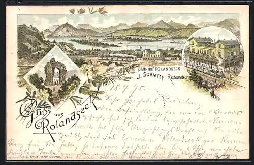 Vorläufer-Lithographie Rolandseck, 1895, Bahnhof und Gasthaus von J. Schmitt