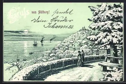 Winter-Lithographie Hamburg-Altona, Aussicht vom Süllberg im Schnee