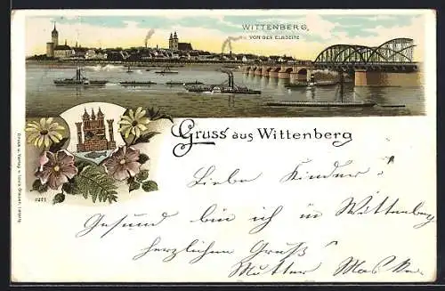 Lithographie Wittenberg / Elbe, Ansicht von der Elbseite