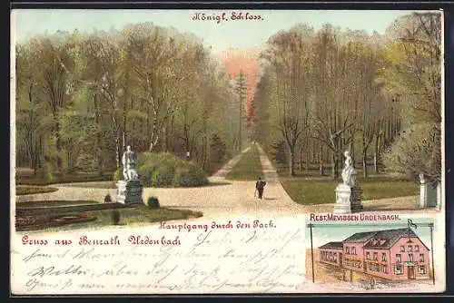 Lithographie Benrath Urdenbach, Hauptgang durch den Park und Königl. Schloss