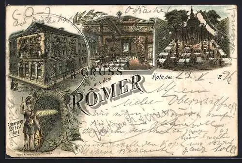 Lithographie Köln, Gasthaus Römer, Aussenansicht und Römergang