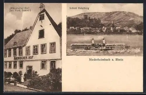 AK Niederheimbach a. Rhein, Gasthaus Rheinischer Hof v. Ferd. Fendel und Schloss Helmburg