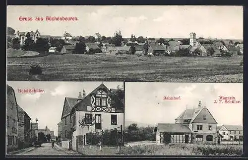 AK Büchenbeuren, Hotel Schüler, Bahnhof und Magazin J. F. Schüler