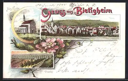 Lithographie Bietigheim / Neckar, Kath. Kirche, Viadukt und Teilansicht