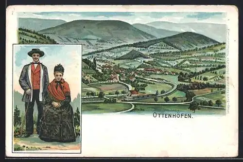 Lithographie Ottenhöfen, Panorama und Paar in Tracht