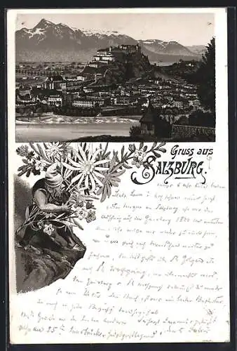 Lithographie Salzburg, Panoramablick auf Stadt und Gebirge, Zwerg