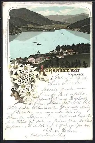 Lithographie Achensee, Gasthaus Achenseehof und Panoramablick über den See