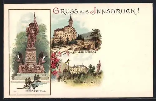 Lithographie Innsbruck, Schloss Amras, Berg Isel, Hofer-Denkmal