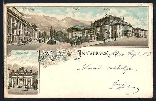 Lithographie Innsbruck, Triumph-Pforte, K.k. Hofburg, Theater und Stadtsäle