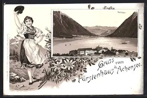 Lithographie Pertisau, Fürstenhaus mit Blick über den Achensee, Tiroler Tracht