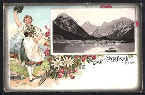 Lithographie Pertisau a. Achensee, Ortsansicht mit Gebirge vom See aus, Tirolerin in Tracht