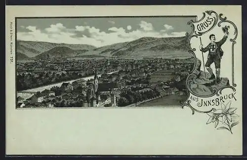 Mondschein-Lithographie Innsbruck, Blick über die Stadt, Tiroler in Tracht