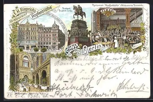 Vorläufer-Lithographie Berlin, 1894, Restaurant Hopfenblüte v. F. Rieprich, Unter den Linden 27, Altdeutsche Bierstube